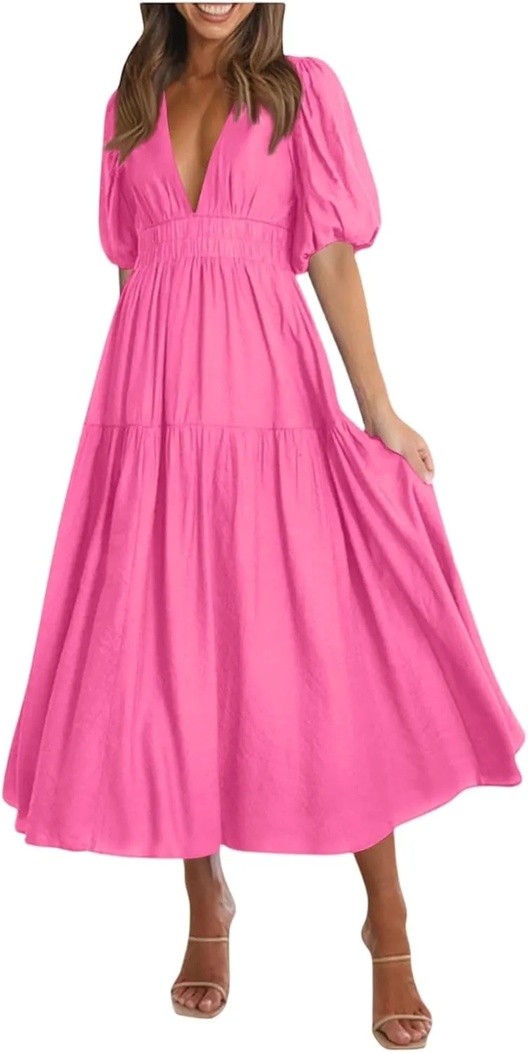 Womens Summer Dresses Trendy Plain Draped Dress Classy Fit and Flare Cinched Waist V Neck Vacation Beach Frock Resort A Line Puff Sleeve Daisy Floral A Line Daily White Sundress