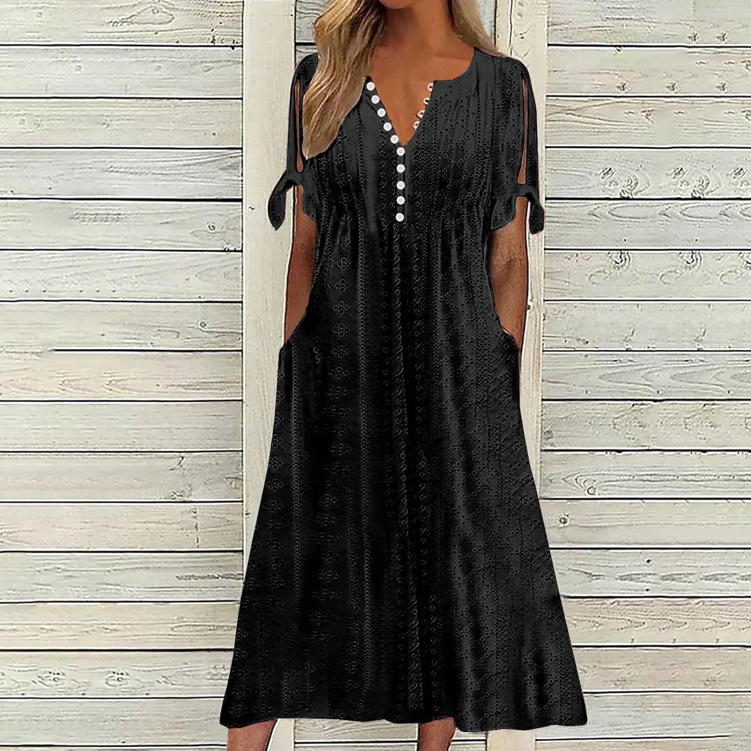 Women's Summer Eyelet Midi Dress Button V Neck Short Sleeve Dresses Solid Flowy Floral Boho Beach Long Sundress