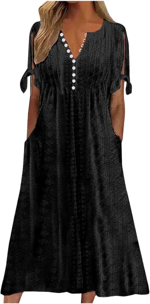 Women's Summer Eyelet Midi Dress Button V Neck Short Sleeve Dresses Solid Flowy Floral Boho Beach Long Sundress