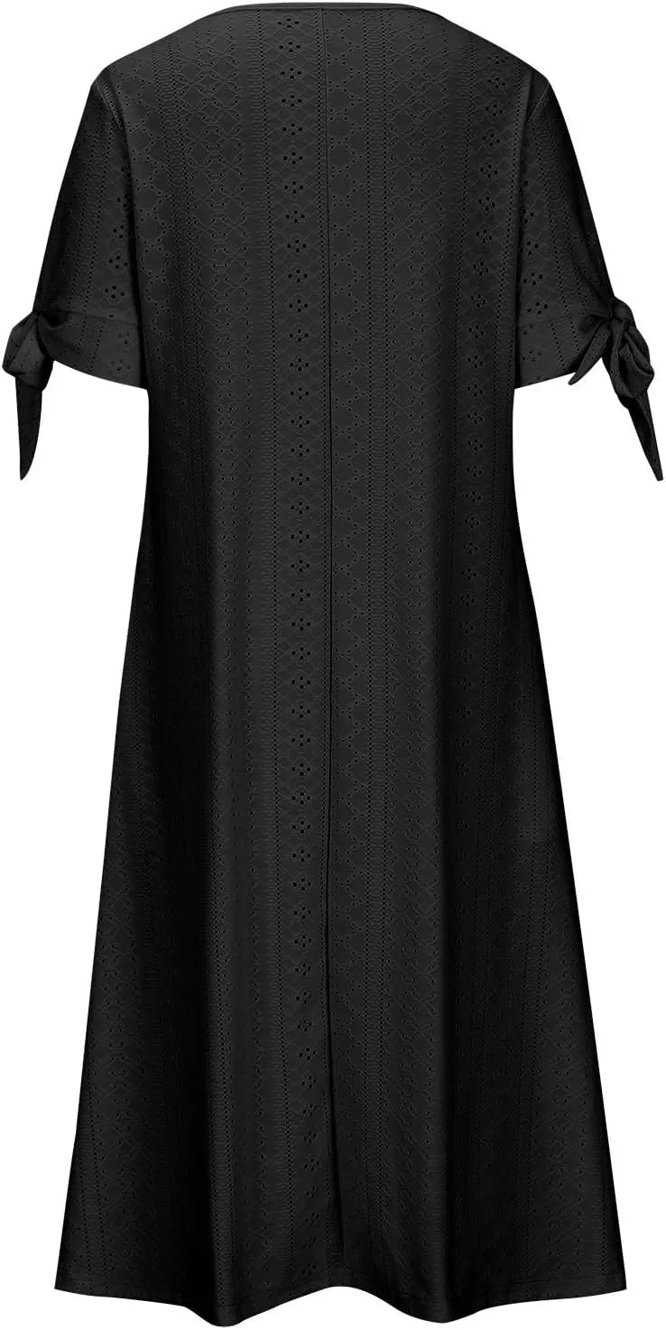 Women's Summer Eyelet Midi Dress Button V Neck Short Sleeve Dresses Solid Flowy Floral Boho Beach Long Sundress
