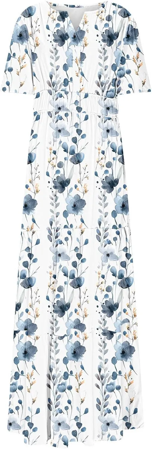 Womens Summer Floral Maxi Dress Boho Shoet Sleeve V Neck Elastic Waist A Line Elegant Flowy Dresses Vacation Clothes