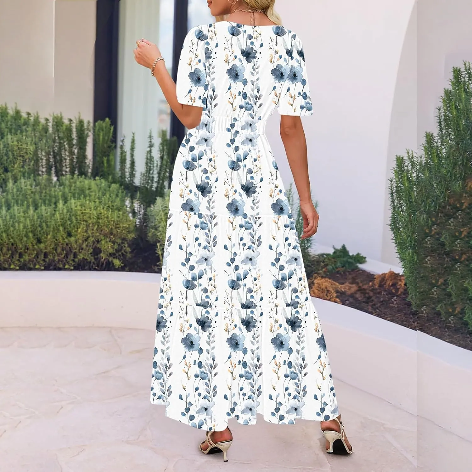 Womens Summer Floral Maxi Dress Boho Shoet Sleeve V Neck Elastic Waist A Line Elegant Flowy Dresses Vacation Clothes