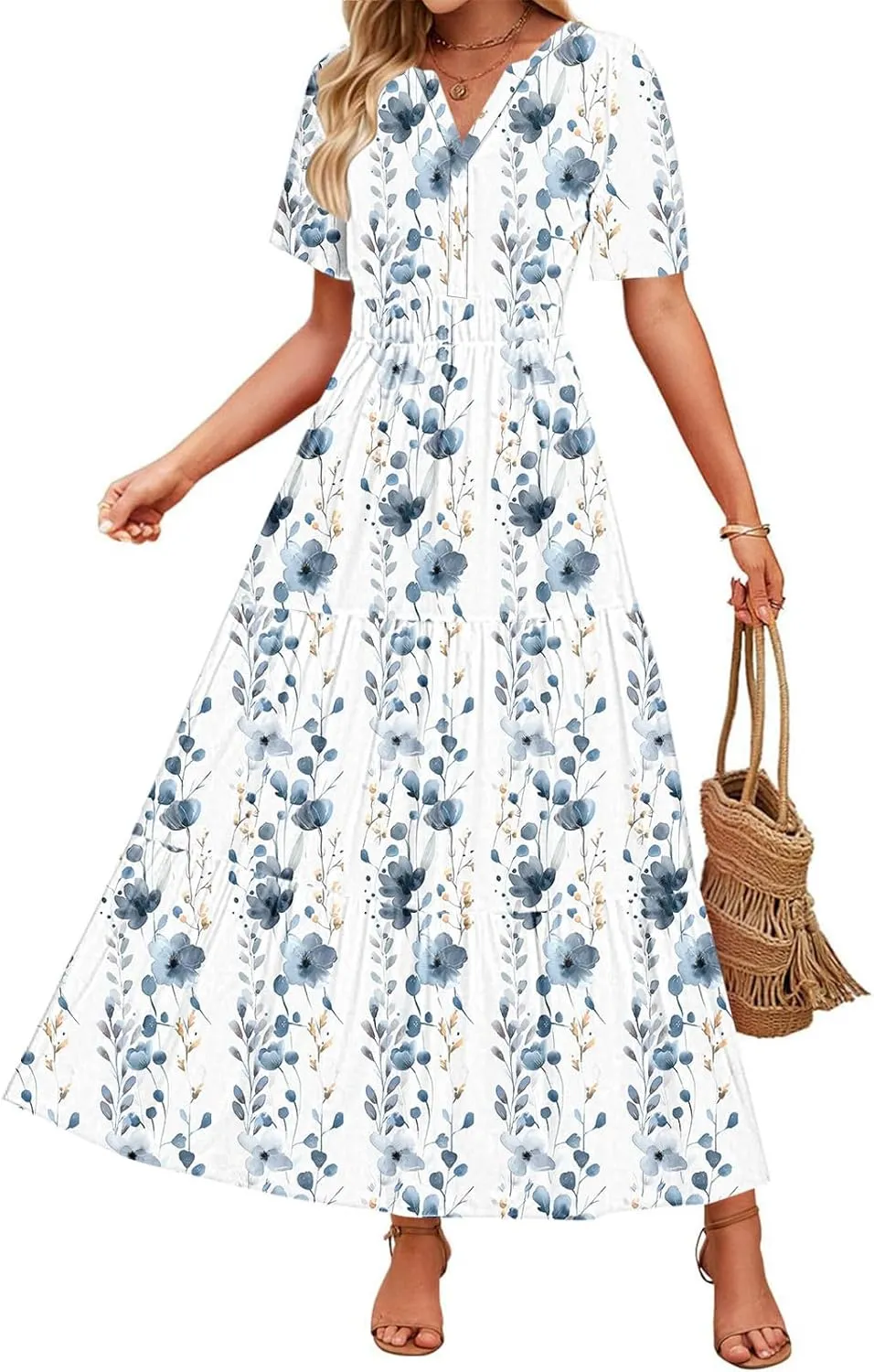 Womens Summer Floral Maxi Dress Boho Shoet Sleeve V Neck Elastic Waist A Line Elegant Flowy Dresses Vacation Clothes