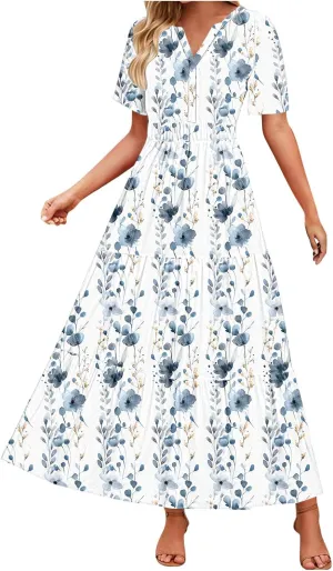 Womens Summer Floral Maxi Dress Boho Shoet Sleeve V Neck Elastic Waist A Line Elegant Flowy Dresses Vacation Clothes