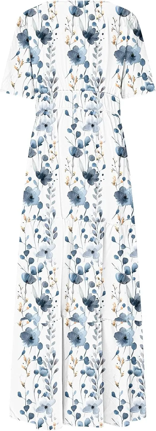 Womens Summer Floral Maxi Dress Boho Shoet Sleeve V Neck Elastic Waist A Line Elegant Flowy Dresses Vacation Clothes