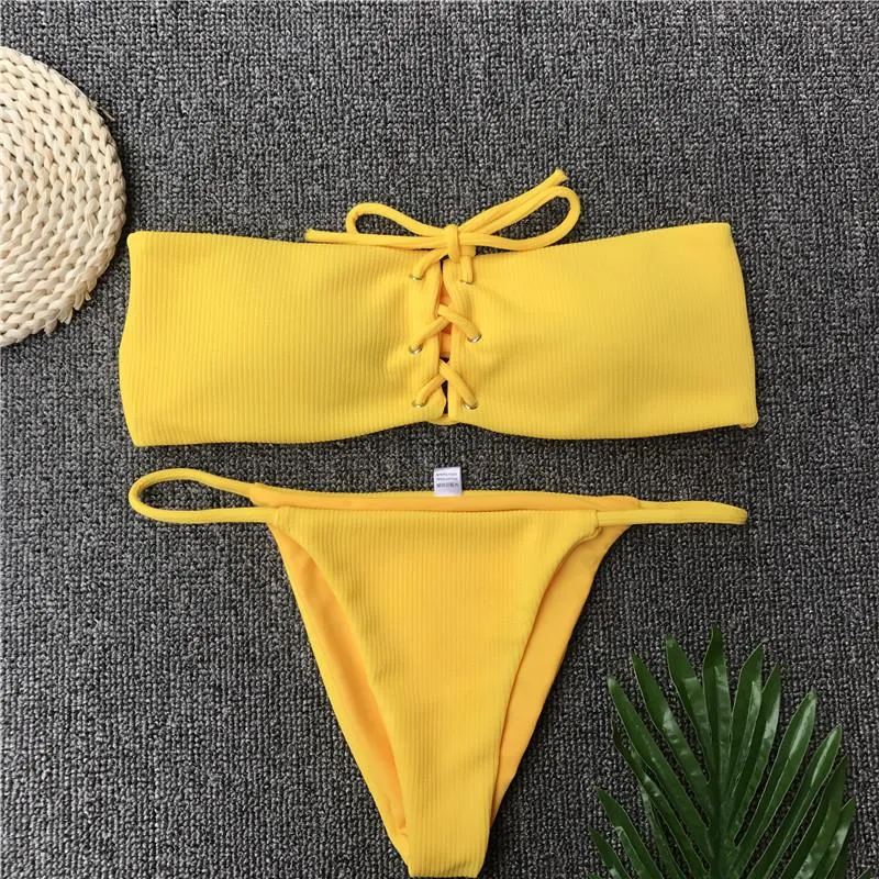YF00762 Solid Thong Bandage Bikini Push Up Set Bandeau Sexy Women