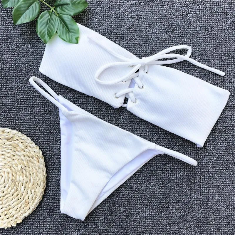 YF00762 Solid Thong Bandage Bikini Push Up Set Bandeau Sexy Women
