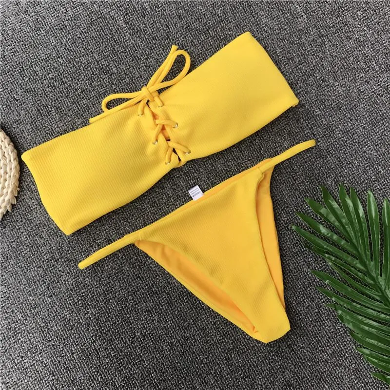 YF00762 Solid Thong Bandage Bikini Push Up Set Bandeau Sexy Women