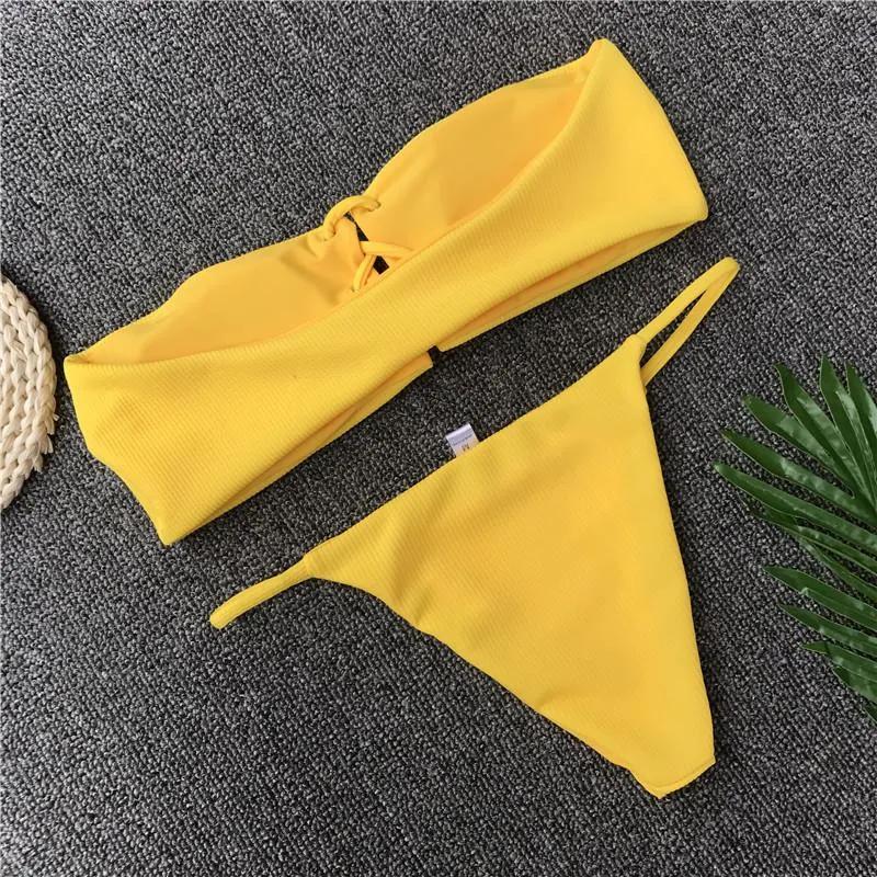 YF00762 Solid Thong Bandage Bikini Push Up Set Bandeau Sexy Women
