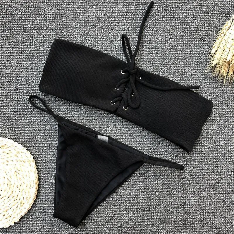 YF00762 Solid Thong Bandage Bikini Push Up Set Bandeau Sexy Women