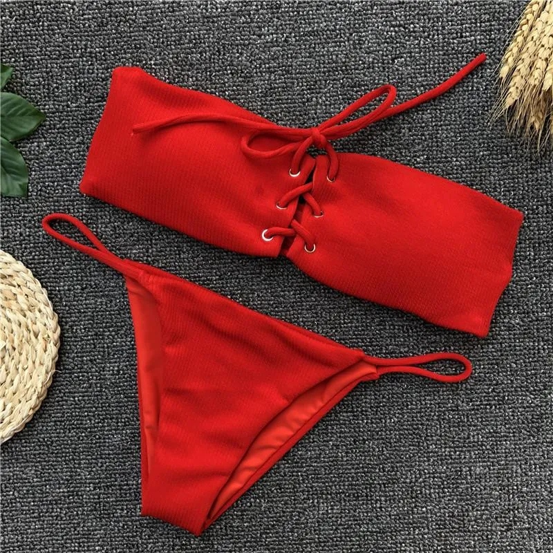 YF00762 Solid Thong Bandage Bikini Push Up Set Bandeau Sexy Women