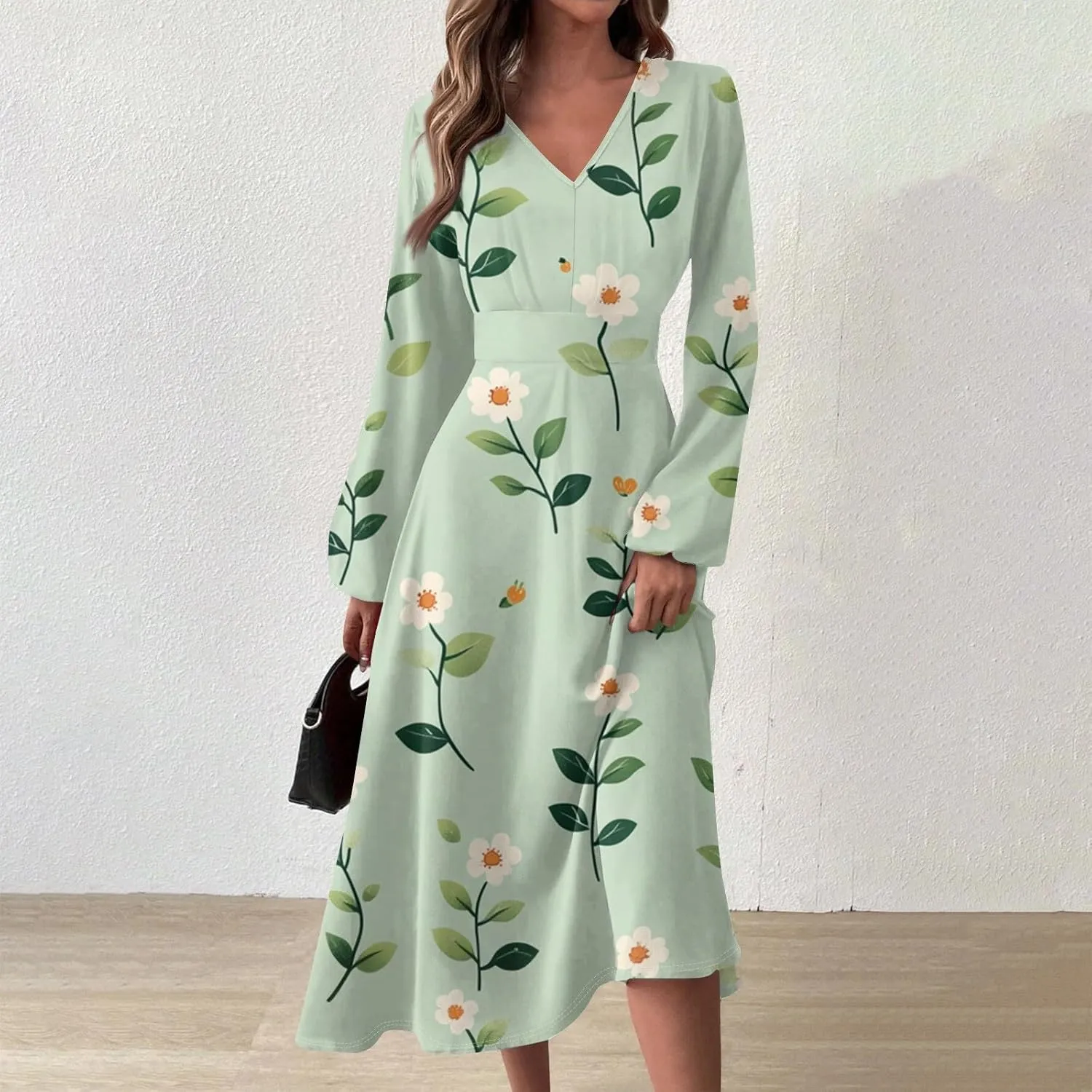 ZEFOTIM Long Sleeve Dress for Women Comfy V Neck Cute Floral Dresses Spring Summer Dresses