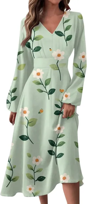 ZEFOTIM Long Sleeve Dress for Women Comfy V Neck Cute Floral Dresses Spring Summer Dresses