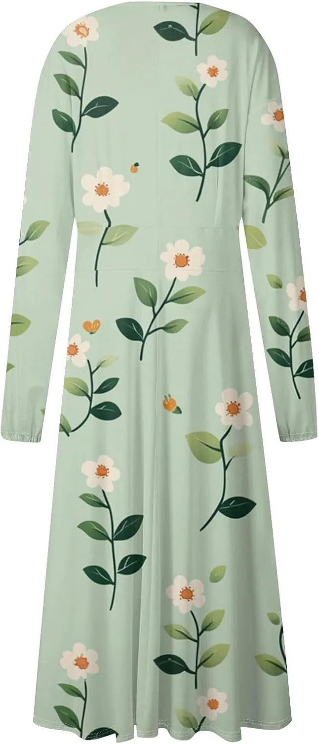 ZEFOTIM Long Sleeve Dress for Women Comfy V Neck Cute Floral Dresses Spring Summer Dresses