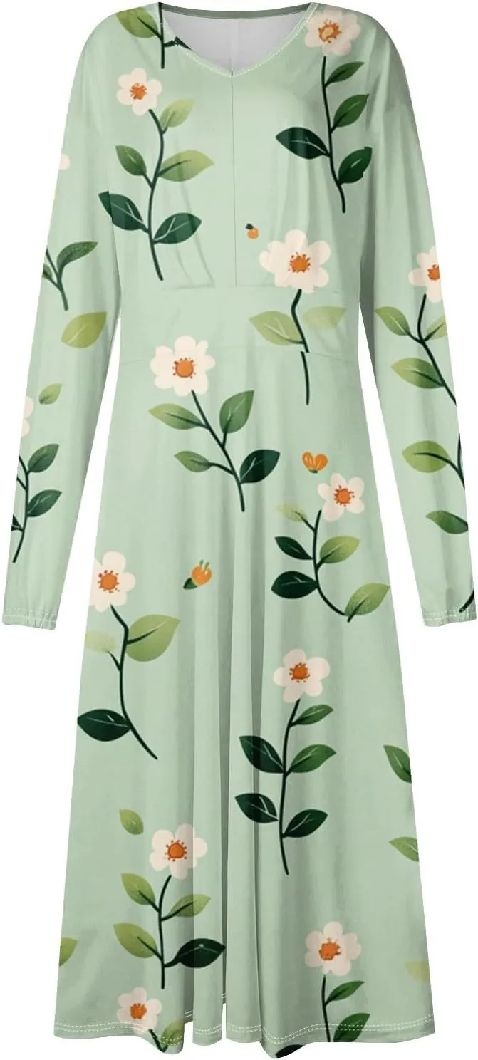 ZEFOTIM Long Sleeve Dress for Women Comfy V Neck Cute Floral Dresses Spring Summer Dresses