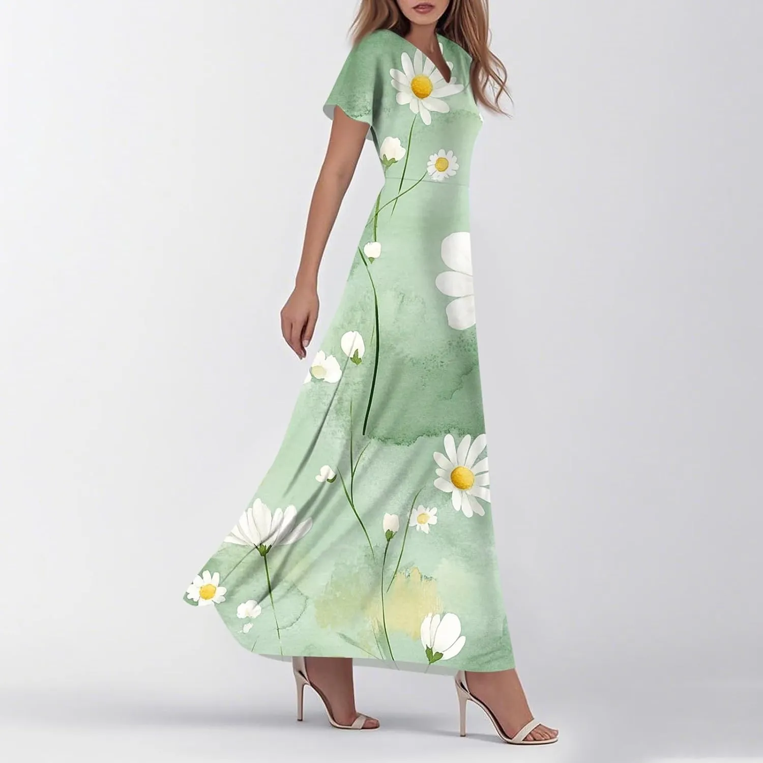 ZEFOTIM Maxi Dresses for Women 2025 Holiday Floral Dress Short Sleeve V Neck Dresses