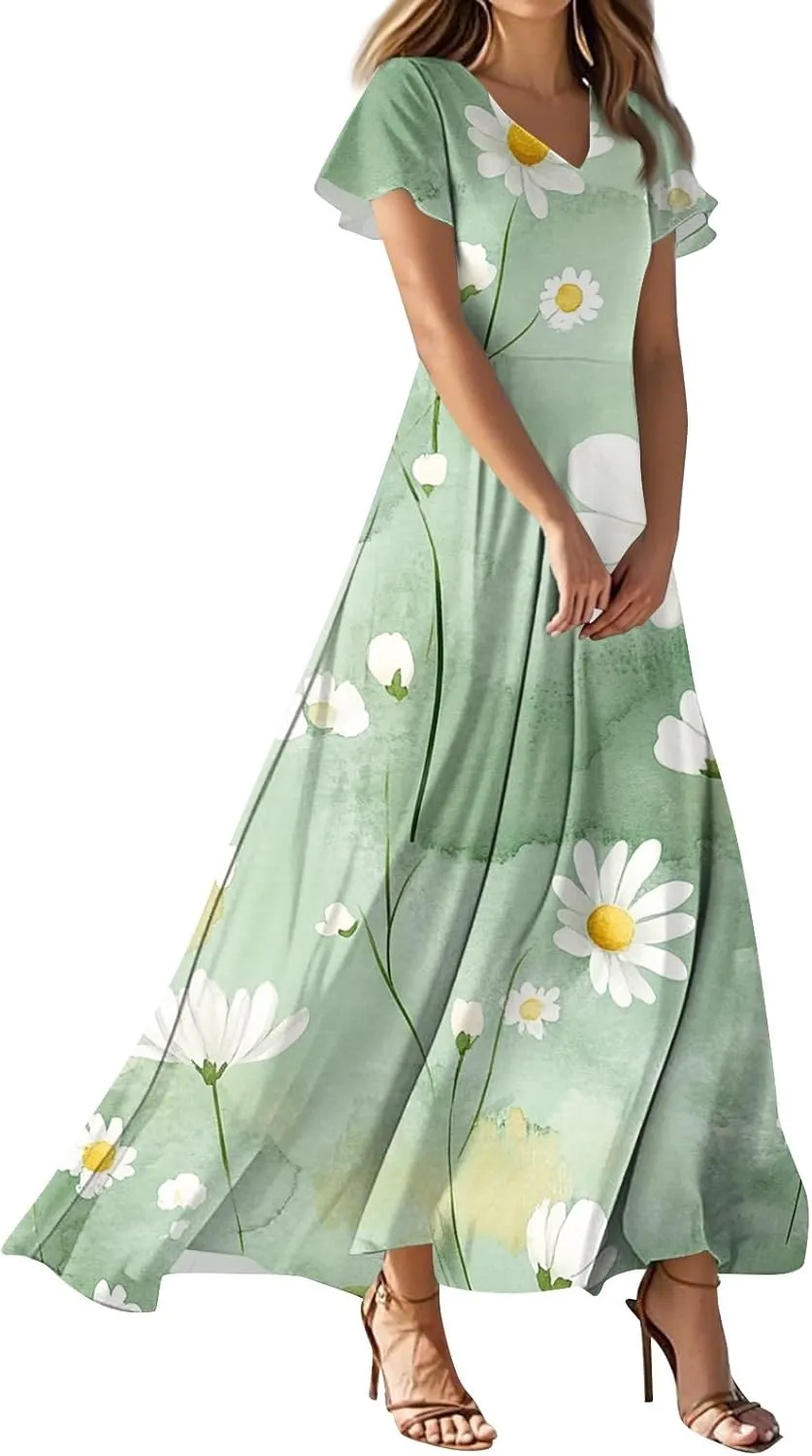 ZEFOTIM Maxi Dresses for Women 2025 Holiday Floral Dress Short Sleeve V Neck Dresses