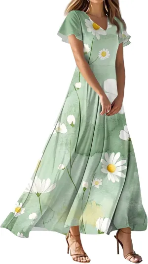 ZEFOTIM Maxi Dresses for Women 2025 Holiday Floral Dress Short Sleeve V Neck Dresses