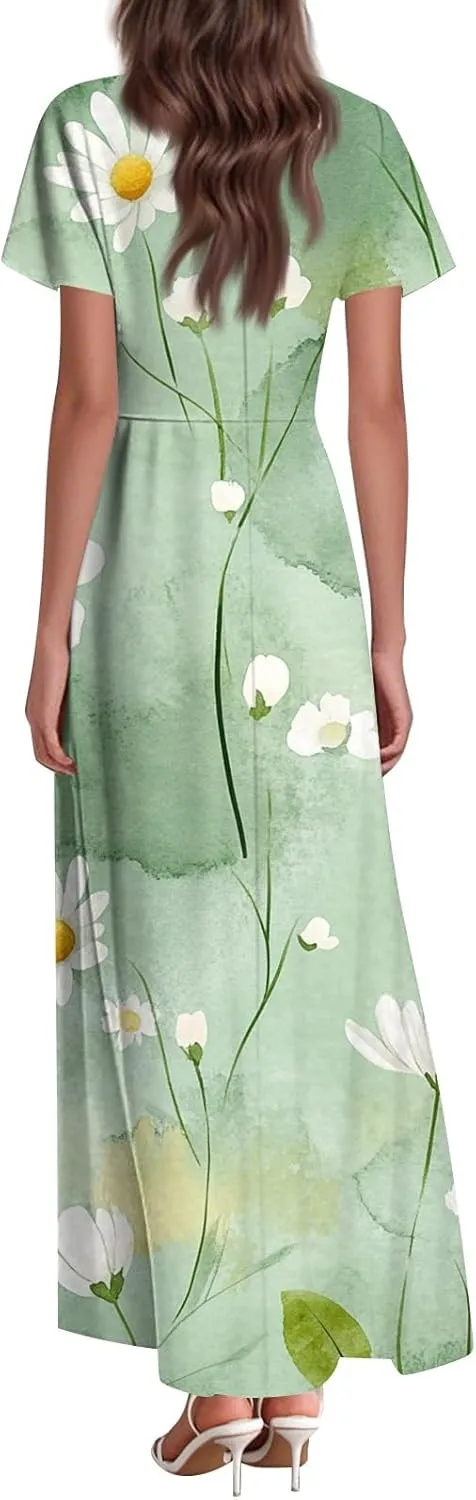 ZEFOTIM Maxi Dresses for Women 2025 Holiday Floral Dress Short Sleeve V Neck Dresses
