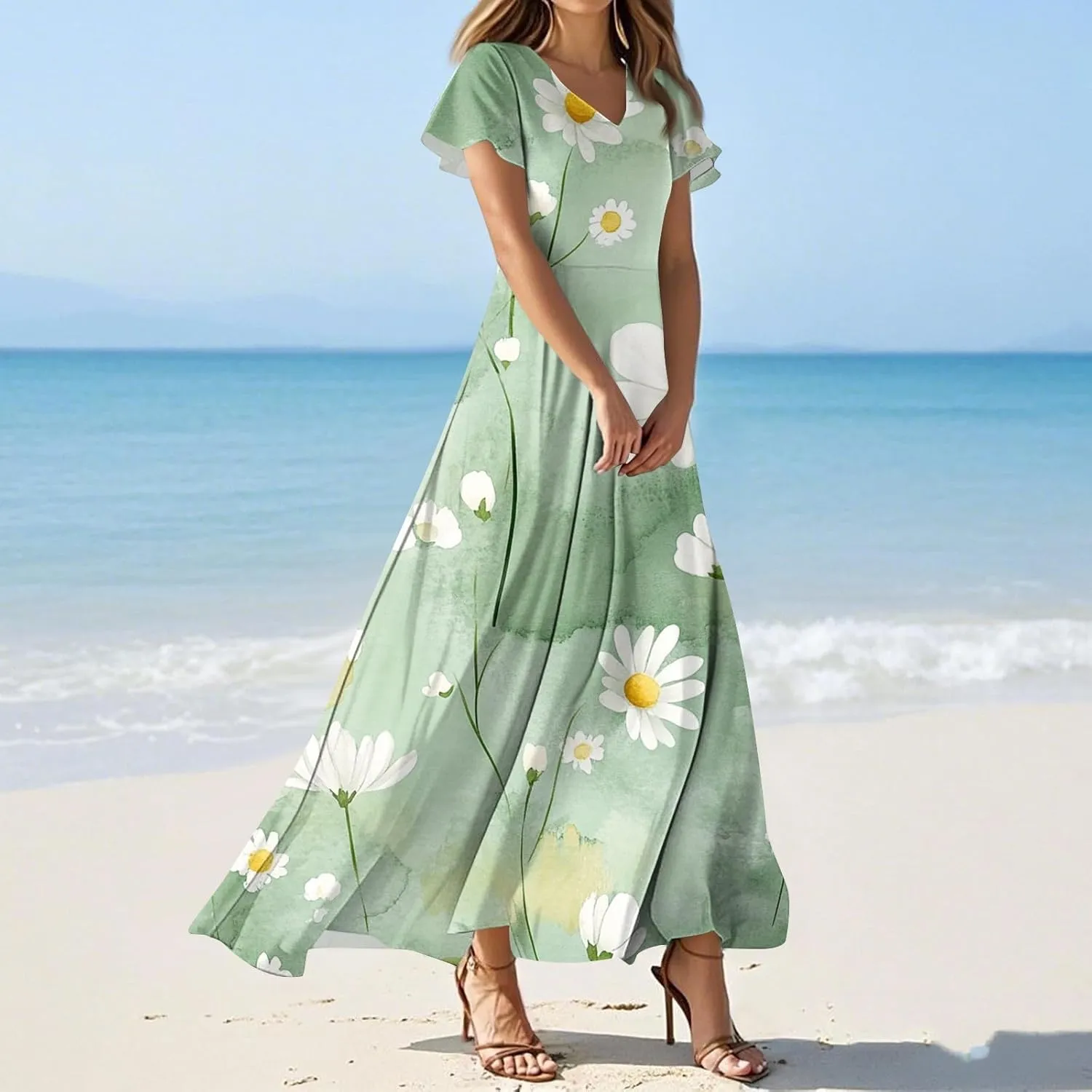 ZEFOTIM Maxi Dresses for Women 2025 Holiday Floral Dress Short Sleeve V Neck Dresses